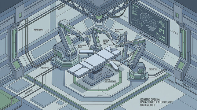 Isometric Diagram of a Futuristic Brain Computer Interface BCI Surgical Suite with Robotic Arms and Tech
