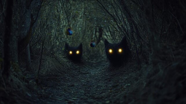 Enchanted forest at night with glowing eyes and mysterious atmosphere