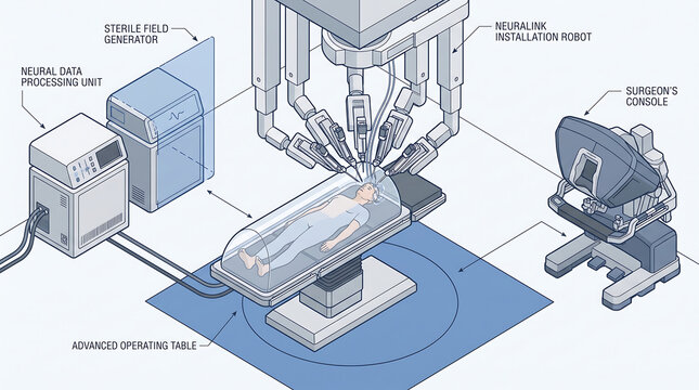 Isometric Diagram of a Brain Computer Interface Robotic Surgery with Surgeon Console and Neural Installation Robot