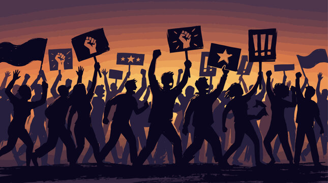 Silhouetted crowd of protesters marching with signs and flags at sunset.