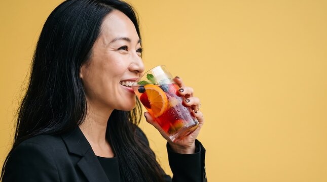 Happy Asian Woman Drinking Fruit Punch on Yellow Background