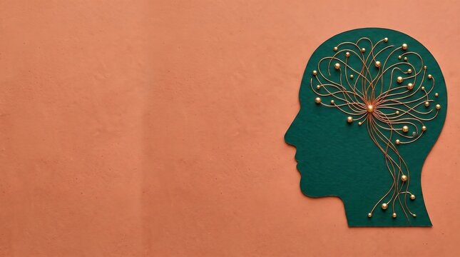 Human Profile Silhouette with Golden Brain Neural Network Art