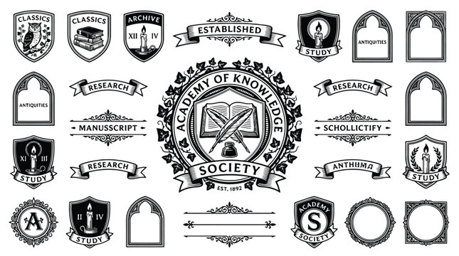 Vintage academic crests and heraldic emblems set, 25 black and white university logos, traditional school badges with ribbons and shields