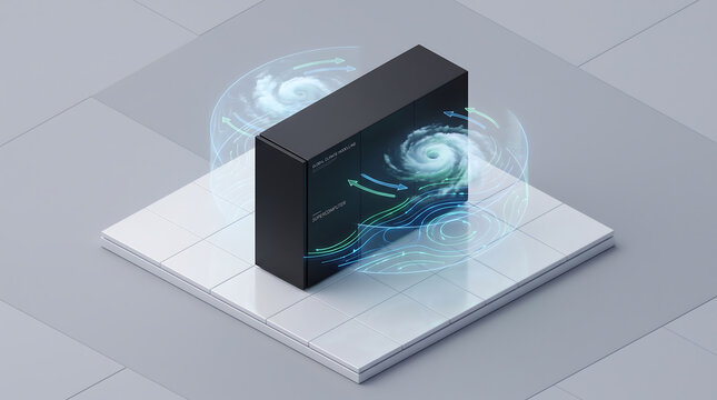 Isometric 3D concept of a supercomputer performing climate change modeling and weather forecasting simulations