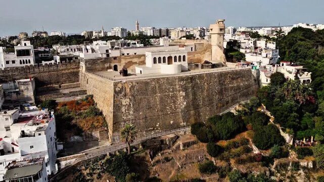 Aerial drone view of Tangier city skyline and coastline, Morocco