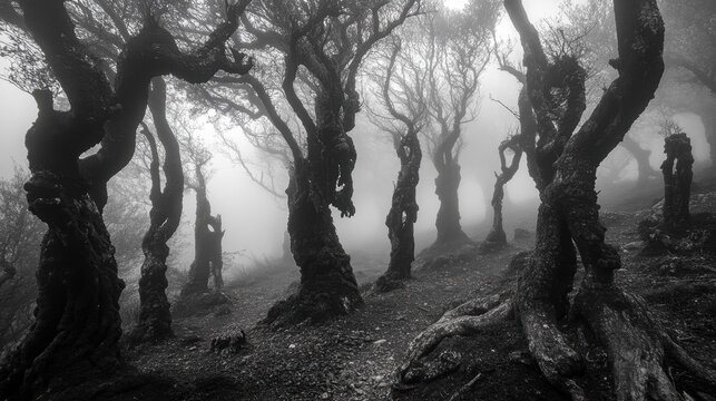 Ghostly figures emerge in eerie misty forest at night