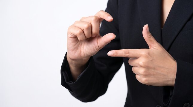 Close-up of hands gesturing sign language on white background