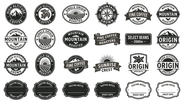 Vintage coffee labels and mountain roastery badges, set of 24 black and white vector icons, rustic cafe branding and packaging design elements