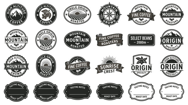 Vintage coffee logo badges and mountain roasters labels, set of 24 black and white vector icons for cafe branding and product packaging