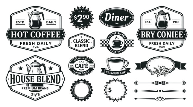Vintage coffee shop labels and badges, retro cafe branding elements vector set, black and white diner signage, house blend coffee icons
