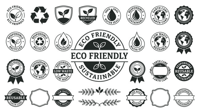 Eco friendly badges and sustainable labels set, 28 black vector icons for organic products, recycled and low waste branding elements