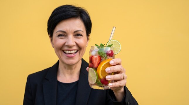 Smiling woman holding a refreshing fruit-infused water drink