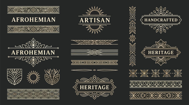 Afrohemian ethnic logo templates and tribal borders, gold artisan heritage frames on black, handcrafted geometric vector elements for branding