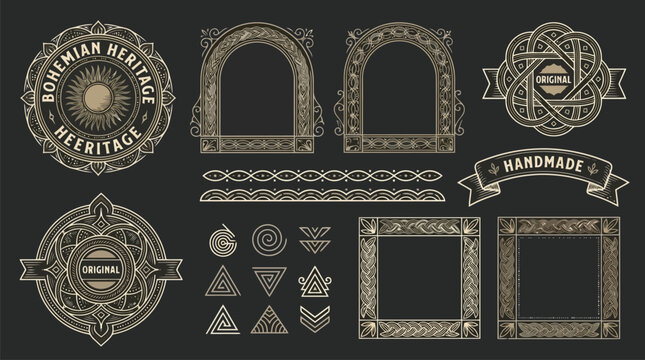 Vintage bohemian heritage labels and ornate frame set, golden luxury filigree borders on black, antique decorative vector elements for branding