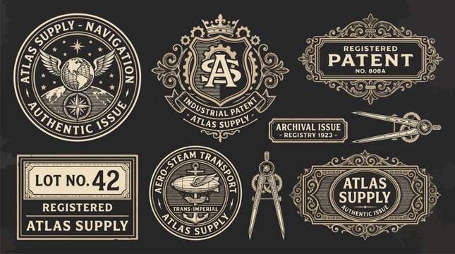 Vintage industrial logo set, antique steampunk labels and badges, retro nautical and aviation emblems, victorian typography design elements