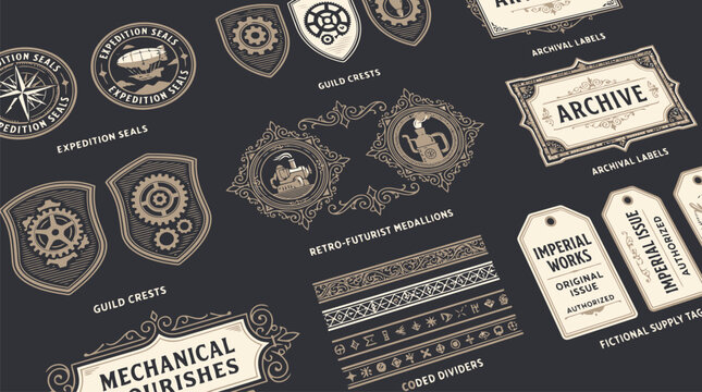 Vintage steampunk branding kit, retro-futurist medallions and guild crests, industrial mechanical flourishes and archival labels vector set