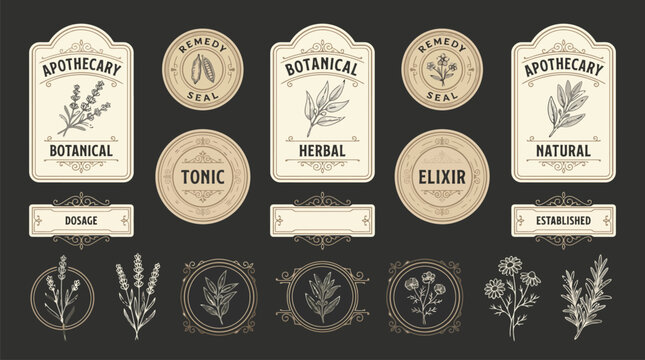 Vintage apothecary labels and botanical herbal stickers, retro pharmacy medicine tags with hand drawn plants, rustic elixir and tonic packaging vector