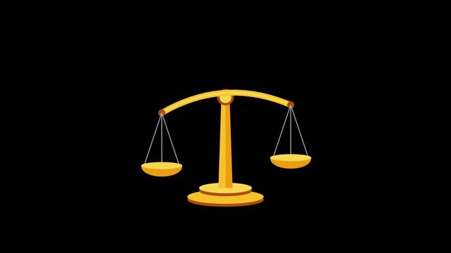 Golden balance scale tipping animation on black background. Justice and law measurement concept.