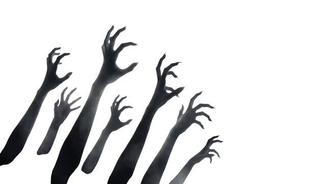 Five zombie hands reaching upward in horror. Creepy undead arms emerging from the dark on isolated transparent background PNG