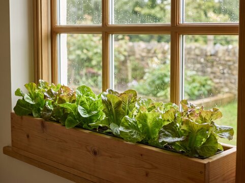 Row of green leafy lettuce on window garden box