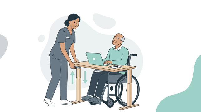 Nurse assists elderly patient in wheelchair at adjustable desk with laptop, promoting accessibility and care.