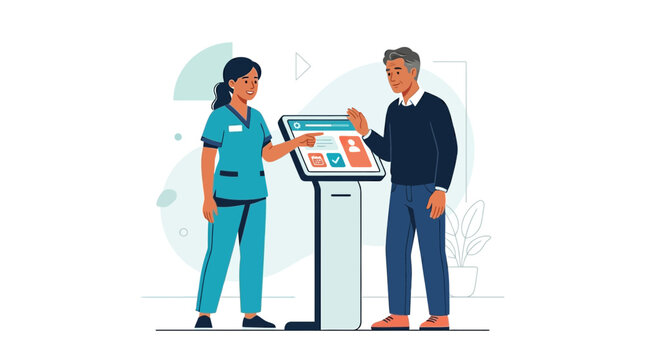 Nurse assists patient with digital kiosk in modern healthcare setting, symbolizing technology and care.