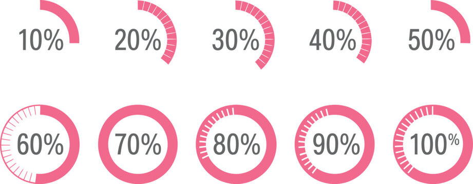 Percentage progress icon set, blue radial pie charts from 0% to 100%, editable vector icons for loading indicators, dashboards, infographics, and data visualization.
