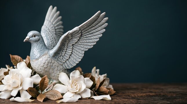 Ceramic dove figurine with white flowers on wooden table