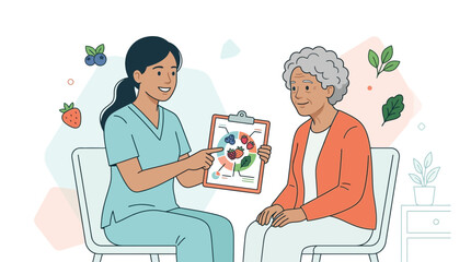 Fototapeta premium Nurse Educating Elderly Patient on Healthy Diet with Fruits and Vegetables