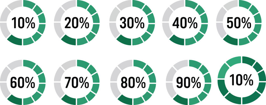 Percentage, progress icon set, segmented blue radial pie charts from 0% to 100%, editable vector icons for loading indicators, data visualization, dashboards, and infographics.