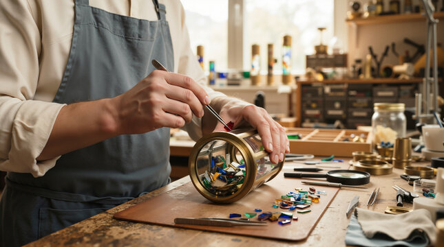 Artisan craftsman assembling a kaleidoscope in a workshop. Skilled maker using tweezers to place glass pieces into a brass tube