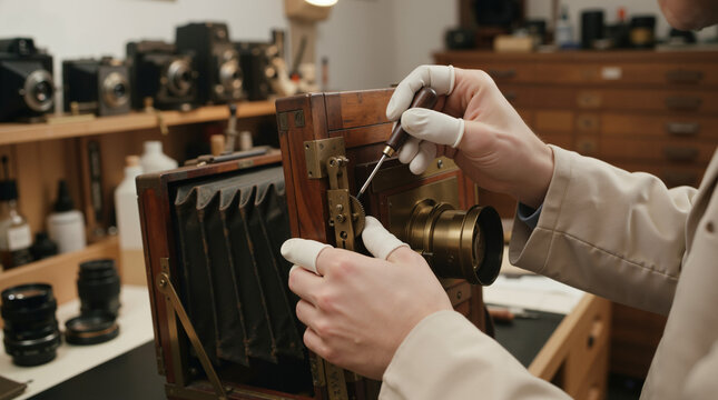 Technician repairing a vintage wooden bellows camera. Professional restoration of antique photography equipment in a workshop