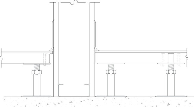 Description
Technical architectural section detail illustrating raised access flooring systems supported by adjustable pedestals flanking a central column or partition element.