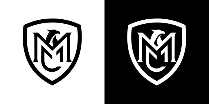 Minimalist Shield Emblem Featuring Integrated MC Monogram and Eagle Head Silhouette for Modern Branding and Corporate Identity Design