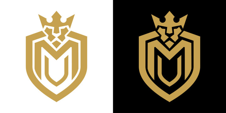 Gold royal lion shield monogram logo design vector featuring letter M with crown on white and black background