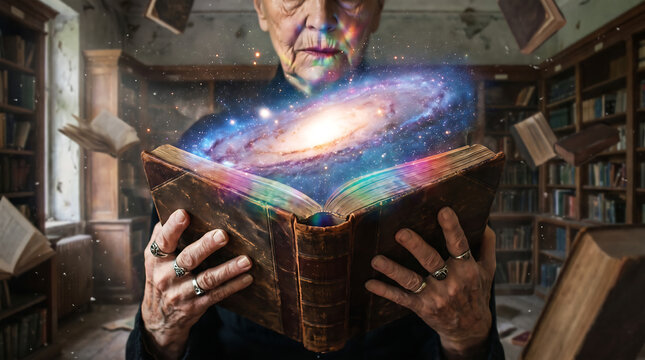 Magic open book releasing a glowing spiral galaxy held by senior hands in a mystical library