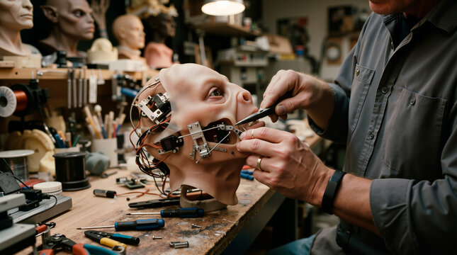 Technician repairing an animatronic robot head in a workshop. Engineering and robotics development concept