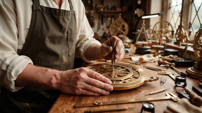 Craftsman working on a brass astrolabe in a vintage workshop. Skilled artisan repairing antique scientific instrument