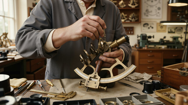 Craftsman repairing a vintage brass sextant in a workshop. Skilled artisan working on antique nautical navigation instrument