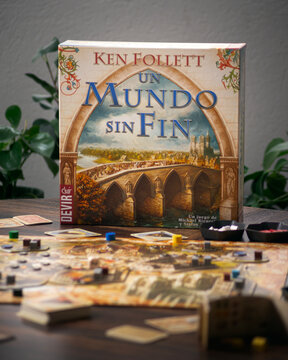 Portrait product photography of A World Without End board game showing box and all components designed by Michael Rieneck and Stefan Stadler