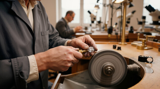 Jeweler polishing a diamond on a grinding machine. Professional gem cutter working in a workshop