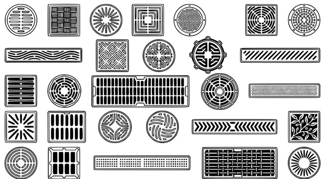 Comprehensive set of various metal floor drains and sewer grates in black and white line art vector style for urban infrastructure and drainage system design documentation