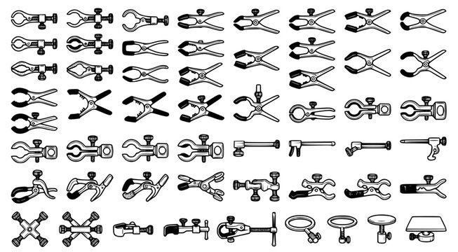 Comprehensive set of industrial metal clamps and woodworking tools depicted as detailed black and white line art vector icons for workshop and hardware construction projects