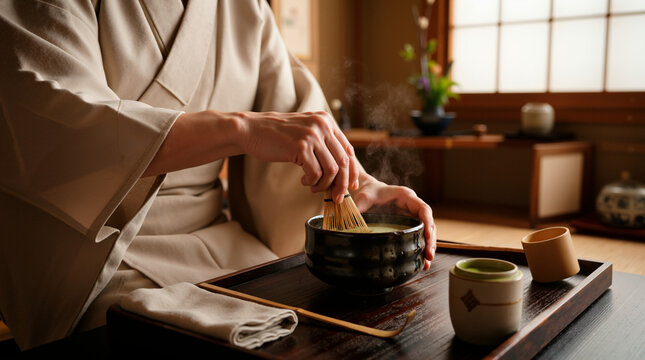 Person in kimono whisking matcha tea in a traditional Japanese tea ceremony. Authentic preparation of green tea in a rustic bowl
