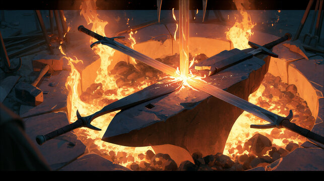 Swords being beaten into plowshares on a glowing blacksmith's anvil during metalwork
