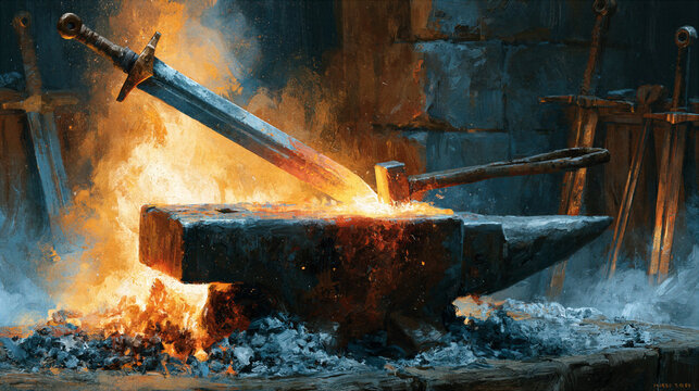 Swords being beaten into plowshares on a glowing blacksmith's anvil with transformation symbolism