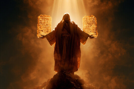 Tablets of the Ten Commandments glowing in Moses's hands atop mountain with divine light