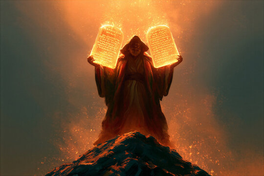 Tablets of the Ten Commandments glowing in Moses's hands atop the mountain with divine revelation