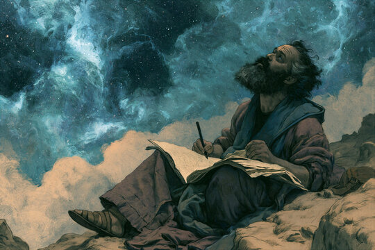 The Apostle John writing on the island of Patmos with upward gaze in sacred contemplation