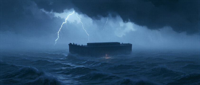 The Ark floating on endless stormy waters under dark heavens with turbulent atmosphere